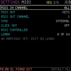 The SETTINGS screen: MIDI